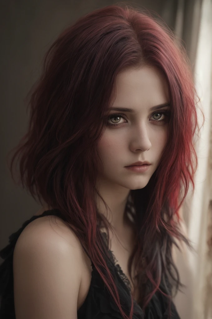 (Realisttic:1.2), analog photo style, cute woman with short black-red multicolored hair, red eyes, (Gloomy and dark atmosphere), soft natural light, faded colours, sexy, great quality, Masterpiece, detailed fantasy background, better performance, 16k quality, HDR, RAW photo