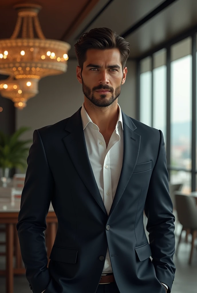 
"Create an image of Vincent, the main character of a novel. Vincent is a tall, handsome Italian man in his early 30s. He has dark, slightly wavy hair, piercing green eyes, and a well-groomed stubble. He is wearing a sharp, tailored suit that emphasizes his sophisticated and powerful demeanor. Vincent exudes confidence and charisma, standing against a backdrop that suggests a luxurious lifestyle, such as a sleek modern office with large windows showcasing a cityscape or an elegant, upscale setting. The overall mood of the image should be one of authority and refinement."