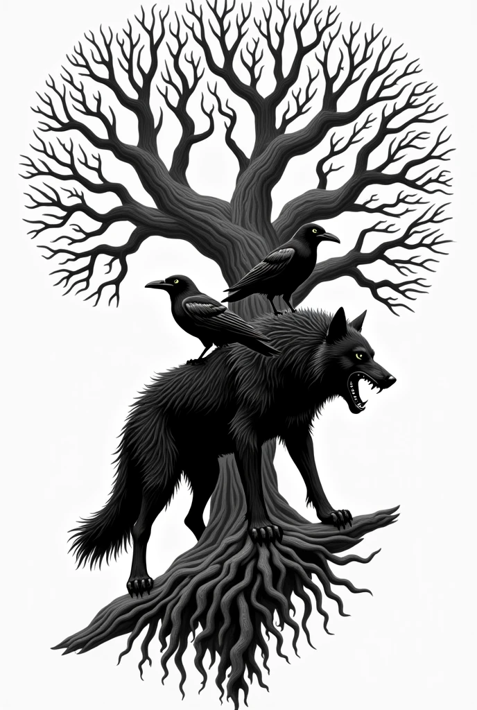 Fenrir between two of Odin's ravens, with the Yggdrasil tree beneath them. black and white tattoo