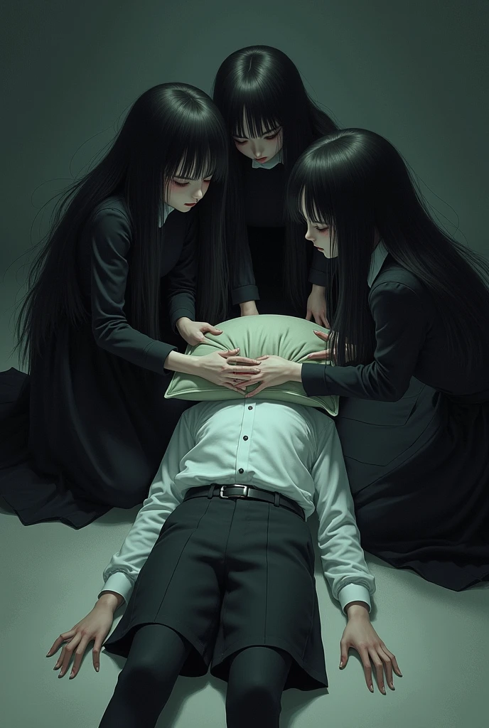 Group of murderous school girls in long black skirts and long hair forcefully suffocating a dead boy on the floor with a pillow on his face 