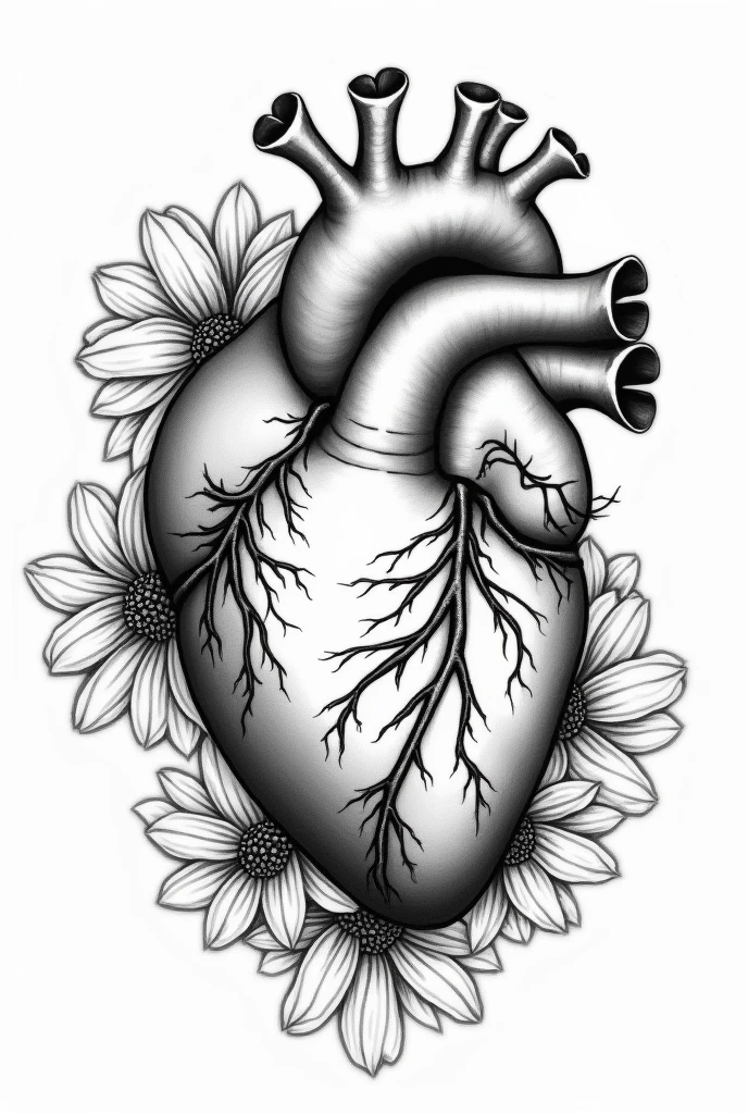 Realistic human heart with delicate flowers around, black andwhite, tattoo design