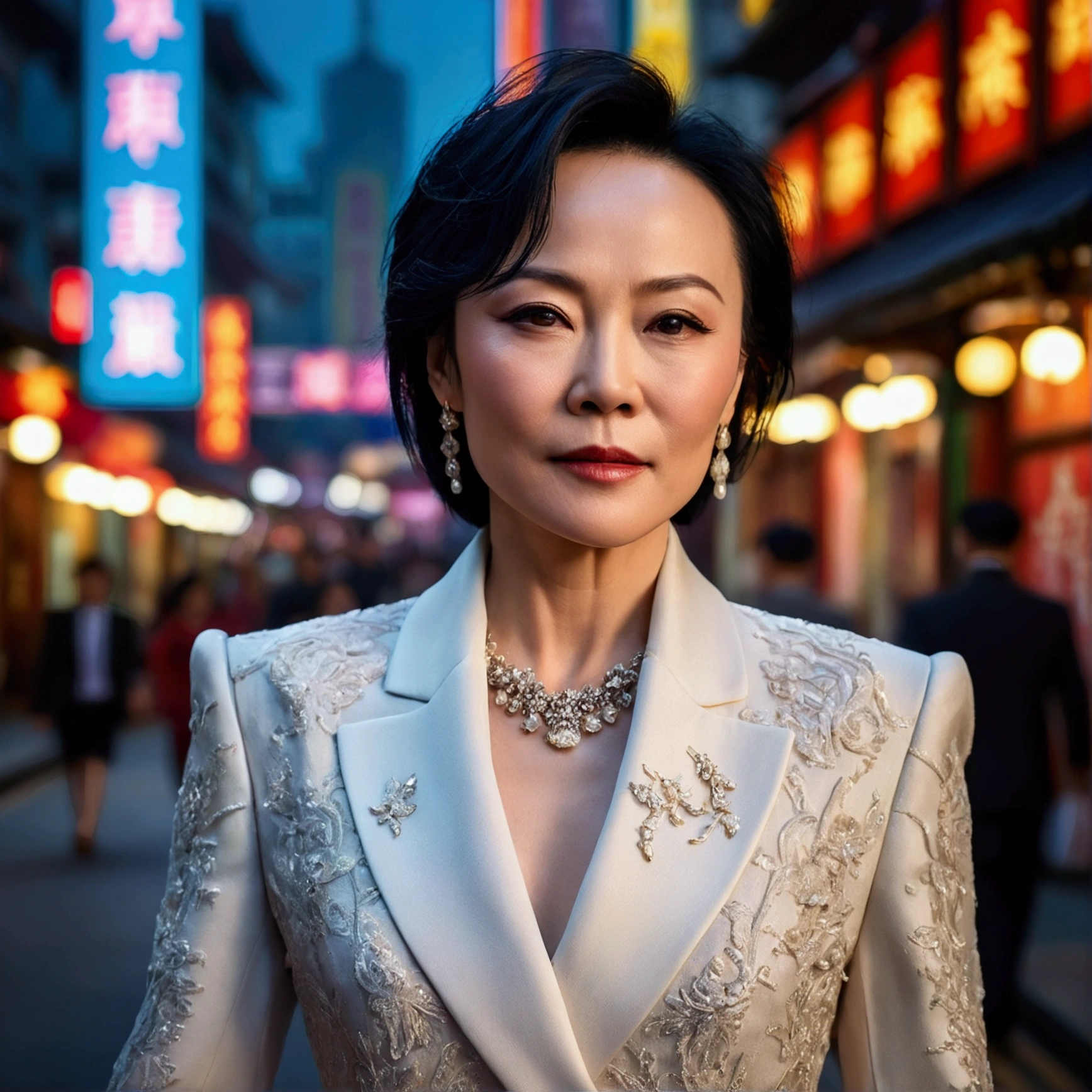 a beautiful detailed portrait of Carina Lau, a Hong Kong actress, walking on the streets of Shanghai, China, photorealistic, 8k, high quality, professional lighting, vibrant colors, cinematic composition, intricate details, soft focus, depth of field, natural skin tones, elegant expression, stunning makeup