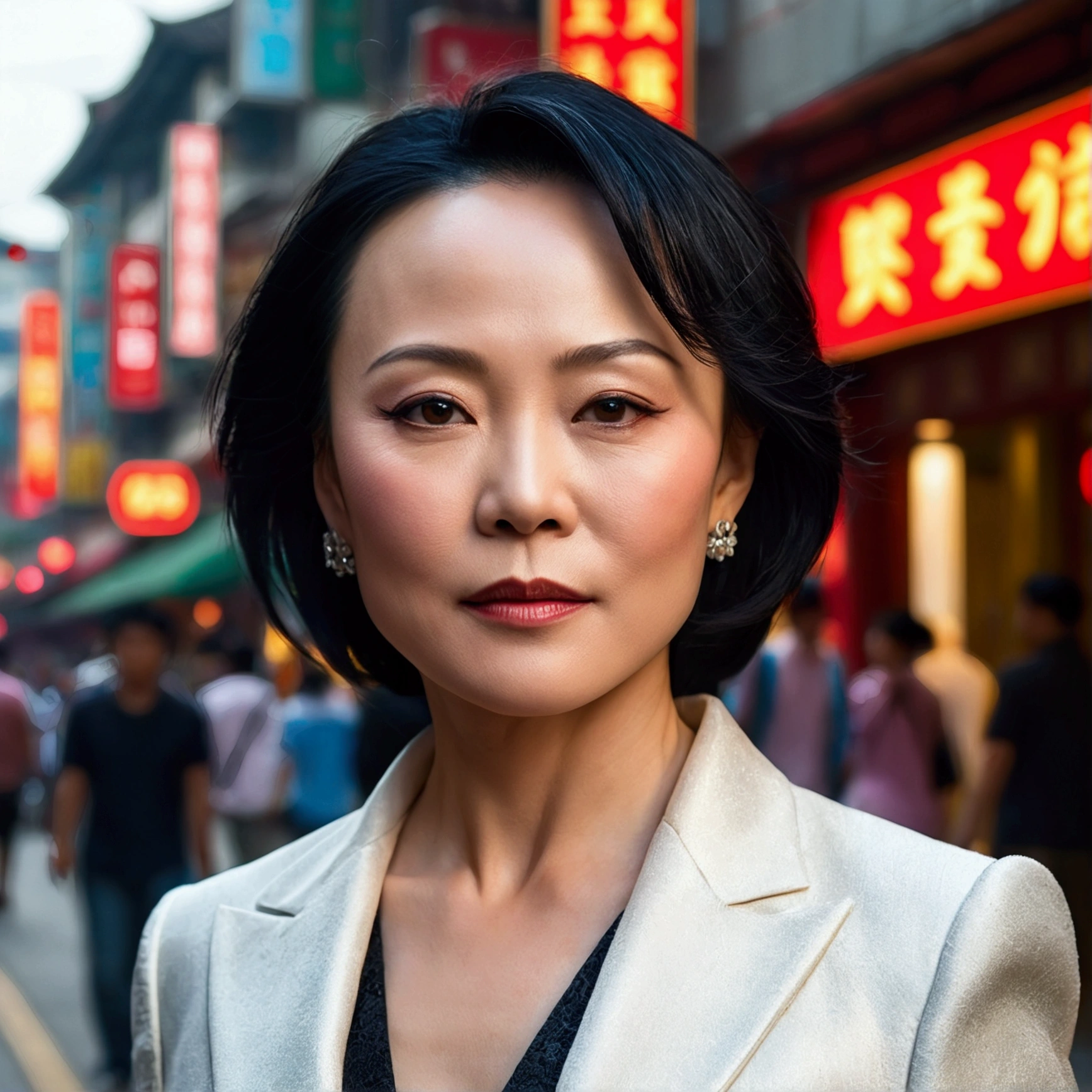 a beautiful detailed portrait of Carina Lau, a Hong Kong actress, walking on the streets of Shanghai, China, photorealistic, 8k, high quality, professional lighting, vibrant colors, cinematic composition, intricate details, soft focus, depth of field, natural skin tones, elegant expression, stunning makeup