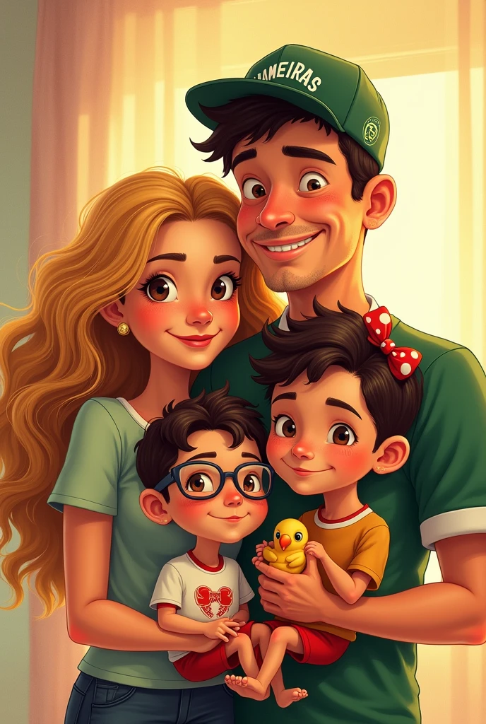 A drawing of a family of 4 all smiling, the mother with blonde highlights and curly hair. the father with a cap, he is bald and has a short Palmeiras shirt. the son has short dark hair and glasses and is holding a cockatiel.  youngest daughter with long curly brown hair with a bow, Disney  style 