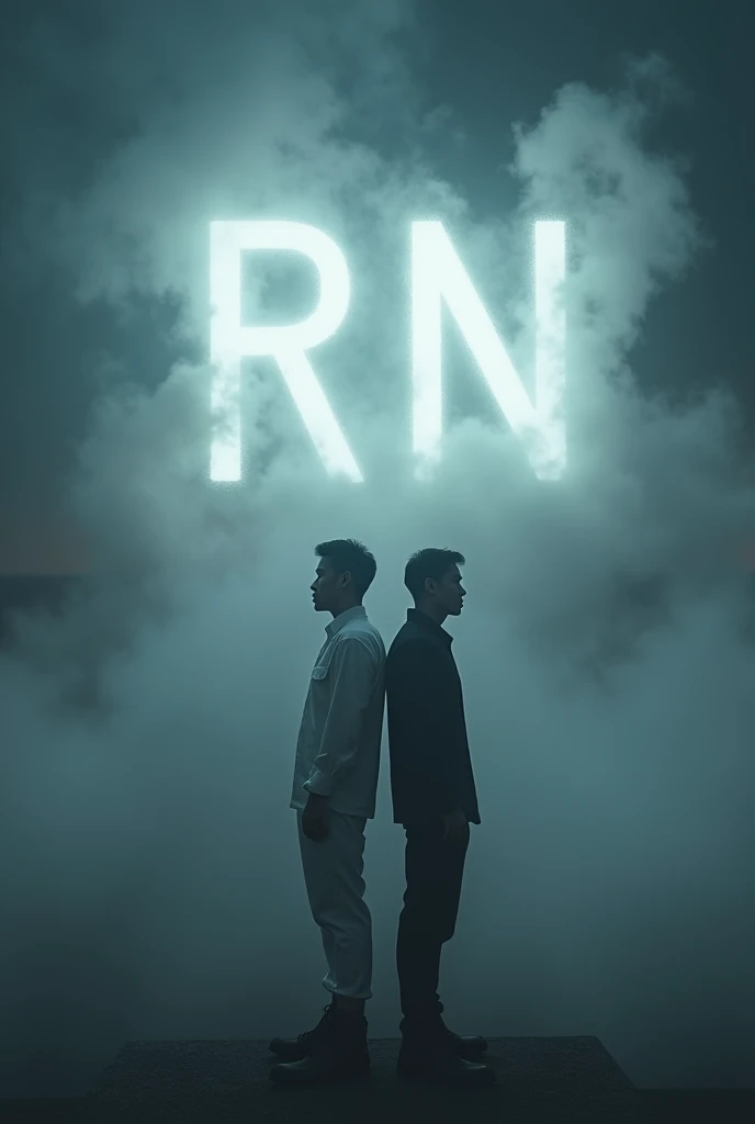 In the center of the image, Large initials 'RN' materialize from white fluffy clouds. The scene is shrouded in a thick night fog that contributes to an eerie and ominous atmosphere.. Spotlight, Two Asian men stand back to back, one dressed in white and the other in black. Both figures intensify the surreal and disturbing effect of the image.. The color palette is somber, with shades of gray, dark blue and black, accentuating the terrifying and enigmatic atmosphere, and evoking a sense of unease and mystery.