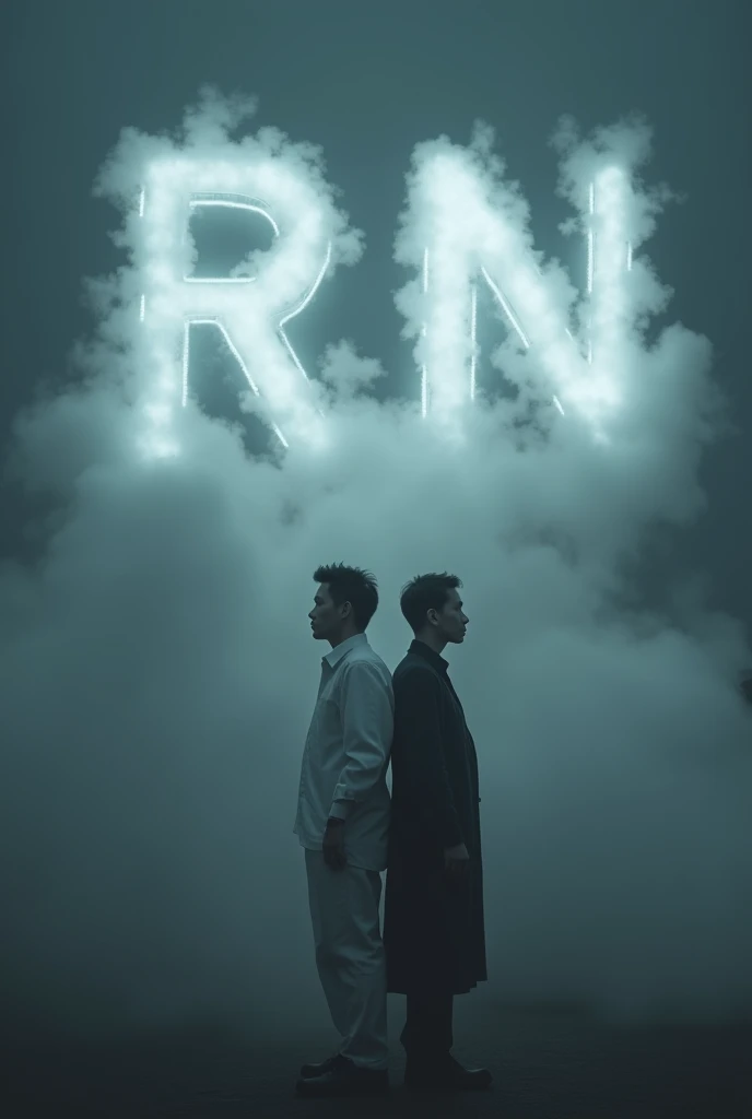 In the center of the image, Large initials &#39;RN&#39; materialize from white fluffy clouds. The scene is shrouded in a thick night fog that contributes to an eerie and ominous atmosphere.. Spotlight, Two Asian men stand back to back, one dressed in white and the other in black. Both figures intensify the surreal and disturbing effect of the image.. The color palette is somber, with shades of gray, dark blue and black, accentuating the terrifying and enigmatic atmosphere, and evoking a sense of unease and mystery.
