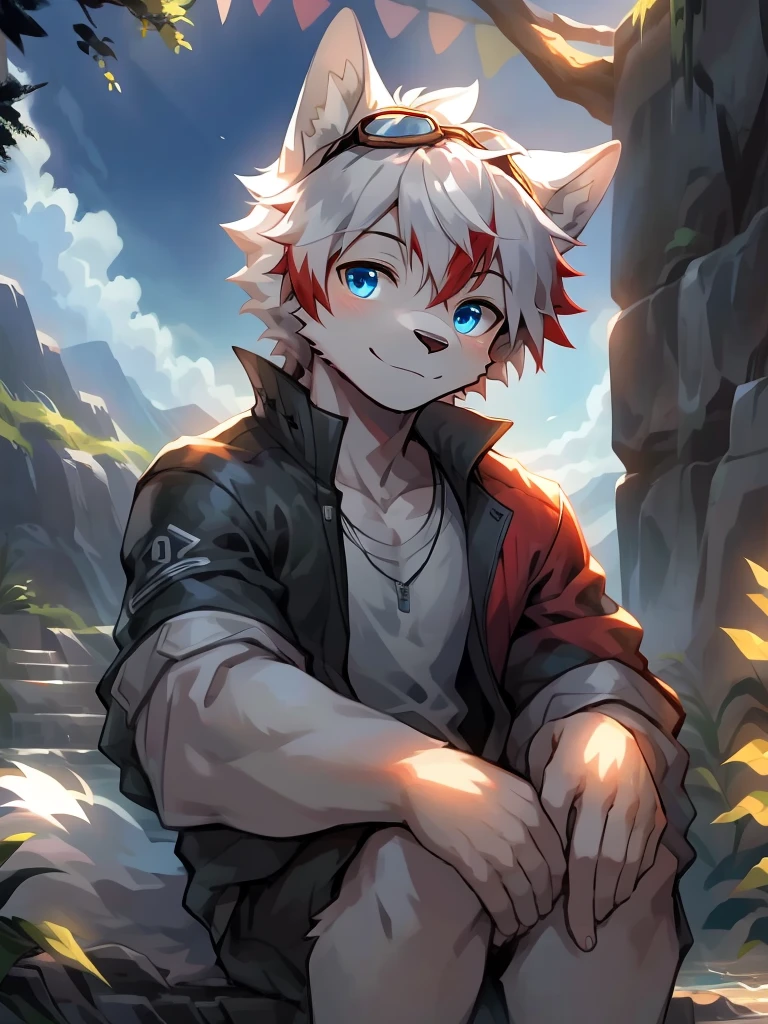 masterpiece, solitary, Furry gray wolf,White hair，Red highlights, blue eyes, Gray medium-length hair, Medium muscle, Cool pose, charming, Handsome, OK, casual shirt, goggles, Warm, comfortable. Nice scenery，Wear a baseball jacket，Bright Eyes，boys，酷boys，