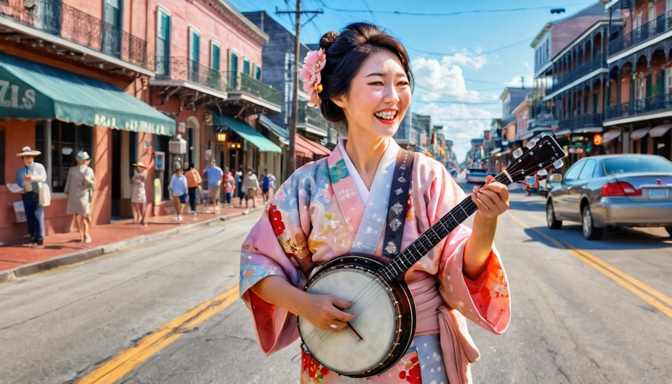 New Orleans, Louisiana, USA Bourbon Street A beautiful Japanese woman in a kimono happily plays the banjo along with a jazz band on a busy street in the American South during the day Painterly