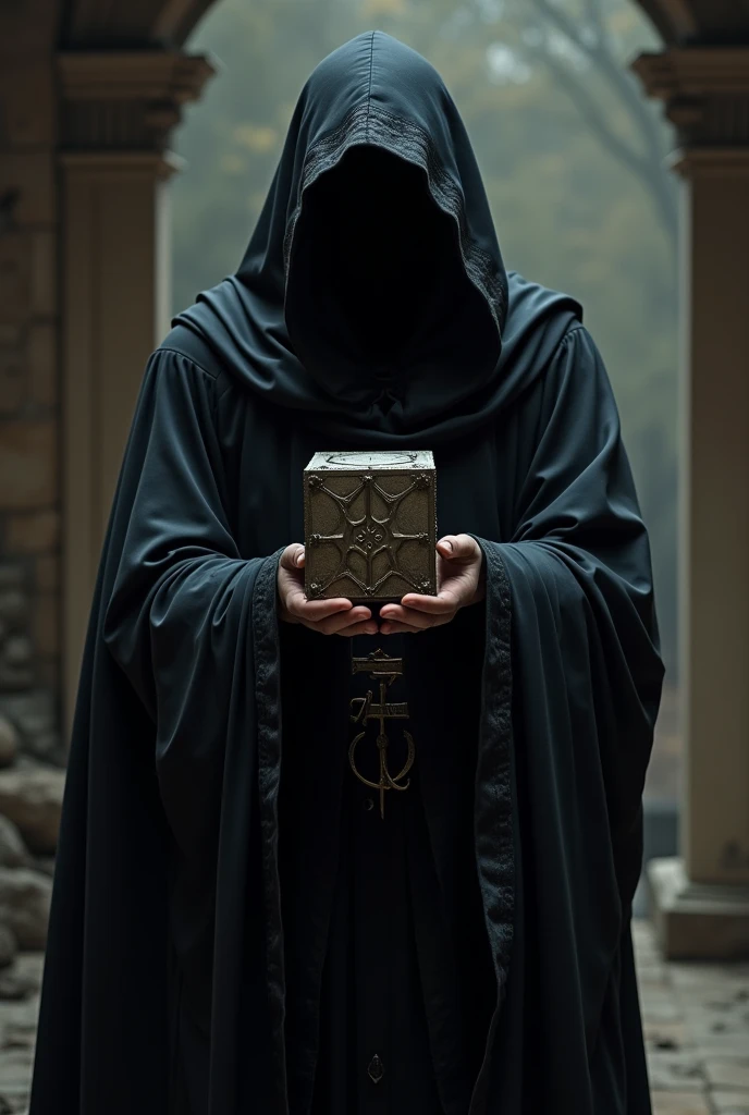 Hooded mediva in black robe holding a square cube shaped object