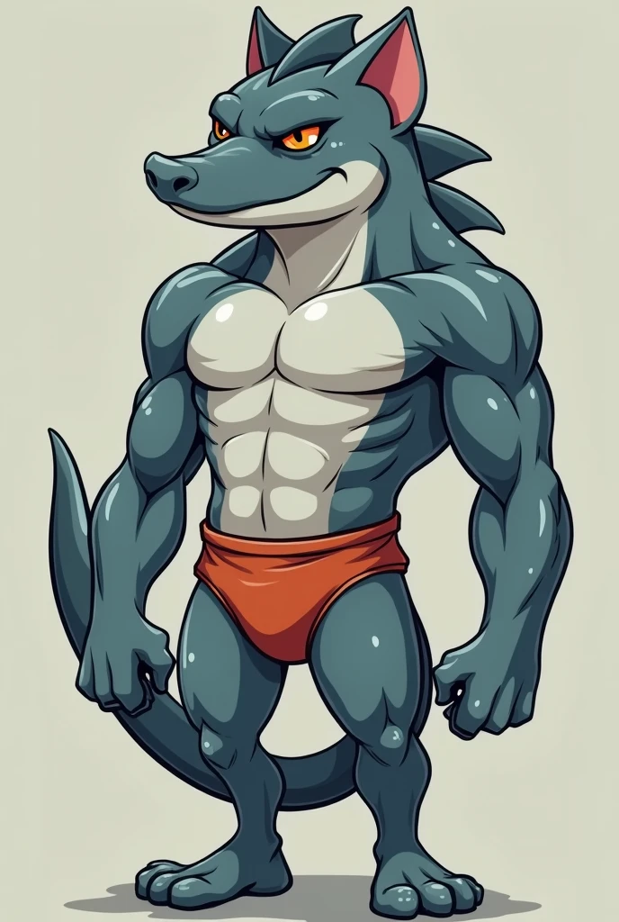 A muscular humanoid catfish grey wearing a speedo, cartoon style