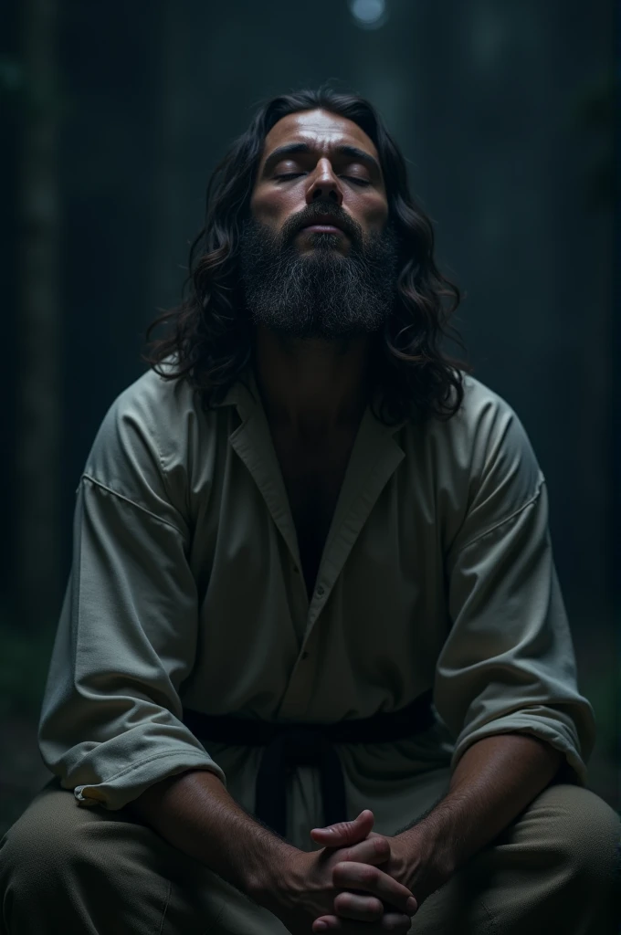 Long hair man low beard praying hands on knees at night in front view