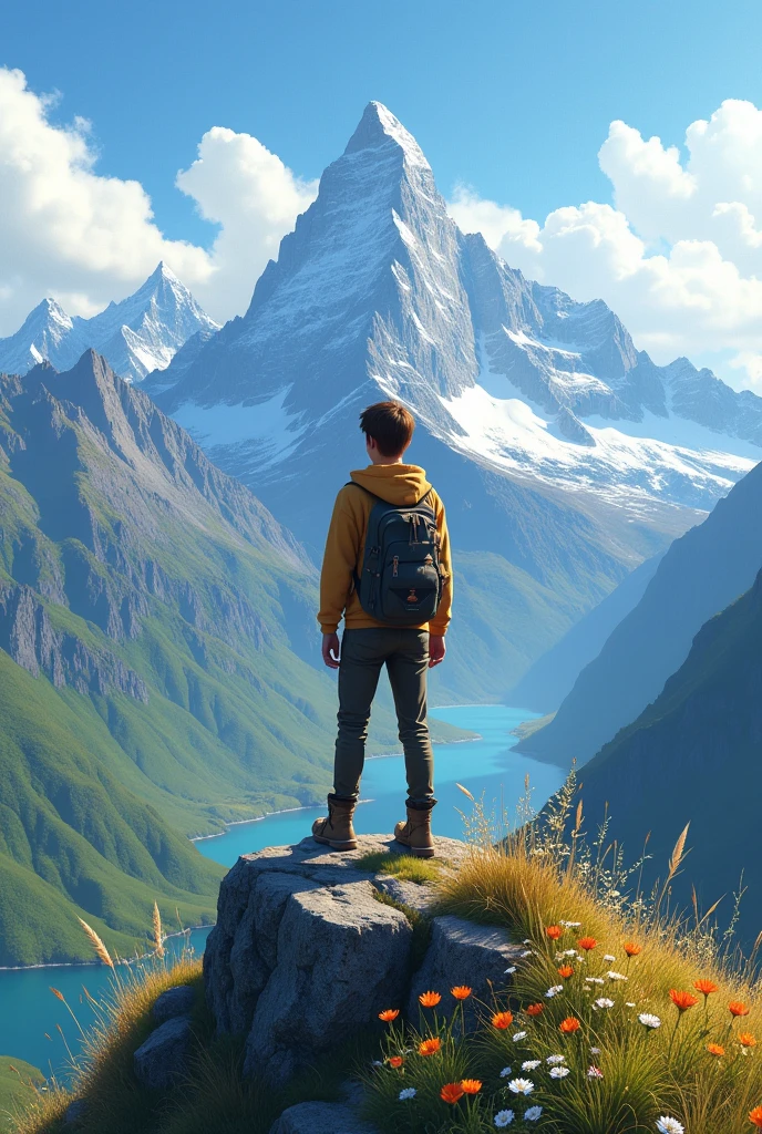 Create an image of a young boy standing on a mountain peak, surrounded by breathtaking natural beauty. The boy is around 20 years old,(realistic )with short brown hair, wearing a cozy hoodie and rugged hiking boots. He stands confidently on a rocky outcrop, gazing out at the vast landscape before him. The background features towering mountain ranges with snow-capped peaks, lush green valleys, and a clear blue sky with a few fluffy clouds. A gentle breeze rustles through the tall grasses and wildflowers that dot the landscape, adding a sense of movement to the scene. The lighting is natural and soft, capturing the serenity and majesty of the mountain setting. The overall mood of the image is one of adventure, freedom, and connection with nature.


