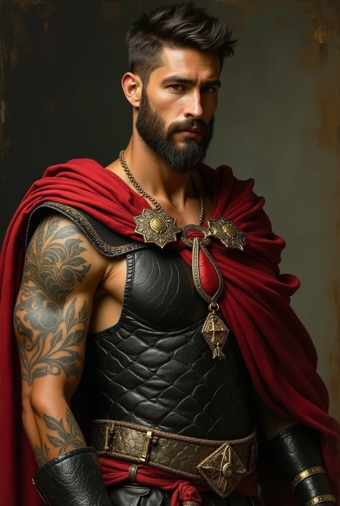 {{Masterpiece, best quality, oil painting, by Franz von Stuck, by James Tissot, by Moebius, male focus, muted colors}}, the composition is: ((((((very dramatic half body portrait of a handsome 30 year old ancient Roman noble, brown skin, tan, confident, magnificent, tattooed, brown hair. His face is tattooed, he has snake-like eyes)))))). (((((He is wearing a silken, black and red ancient ronin armor with praetorian inspired elements made of alligator leather, he is wearing a red diamond shape pendant))))).