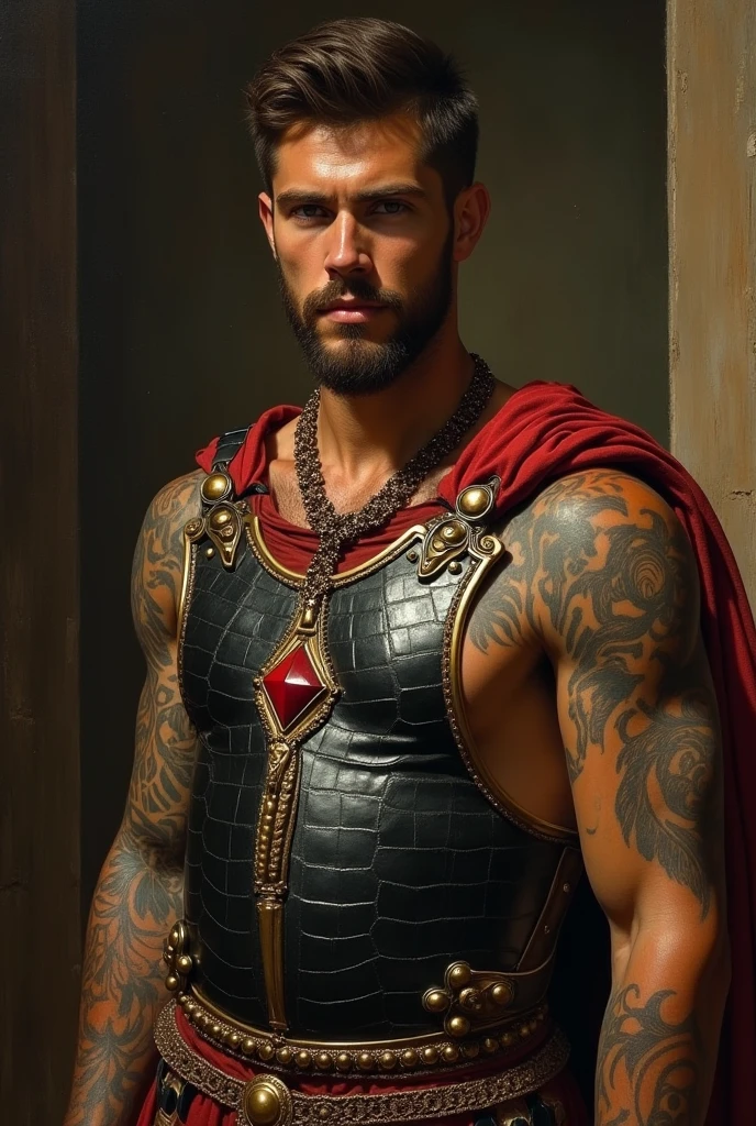 {{Masterpiece, best quality, oil painting, by Franz von Stuck, by James Tissot, by Moebius, male focus, muted colors}}, the composition is: ((((((very dramatic half body portrait of a handsome 30 year old ancient Roman noble, brown skin, tan, confident, magnificent, tattooed, brown hair. His face is tattooed, he has snake-like eyes)))))). (((((He is wearing a silken, black and red ancient ronin armor with praetorian inspired elements made of alligator leather, he is wearing a red diamond shape pendant))))).
