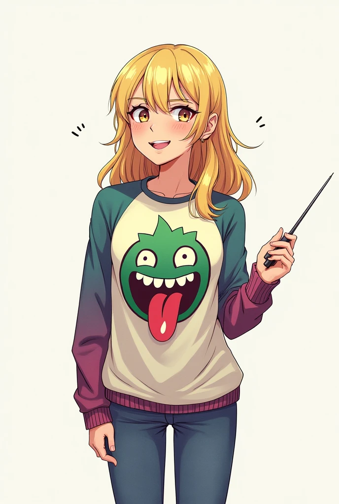 (Masterpiece artwork, best qualityer), 1 girl, pretty face, Gwendolyn_Tennyson, older, (1 girl, standing alone:1.3),, blank background,, Kale, medium shot, upperbody, face detailed,ssmile, gaping mouth, long sleeves, Ragla sleeves, ,Multicolor shirt, tongue out, graphic shirt, tetas big fit asss, peitos Kales, peitos Kales, peitos Kales, big fit ass , he finished