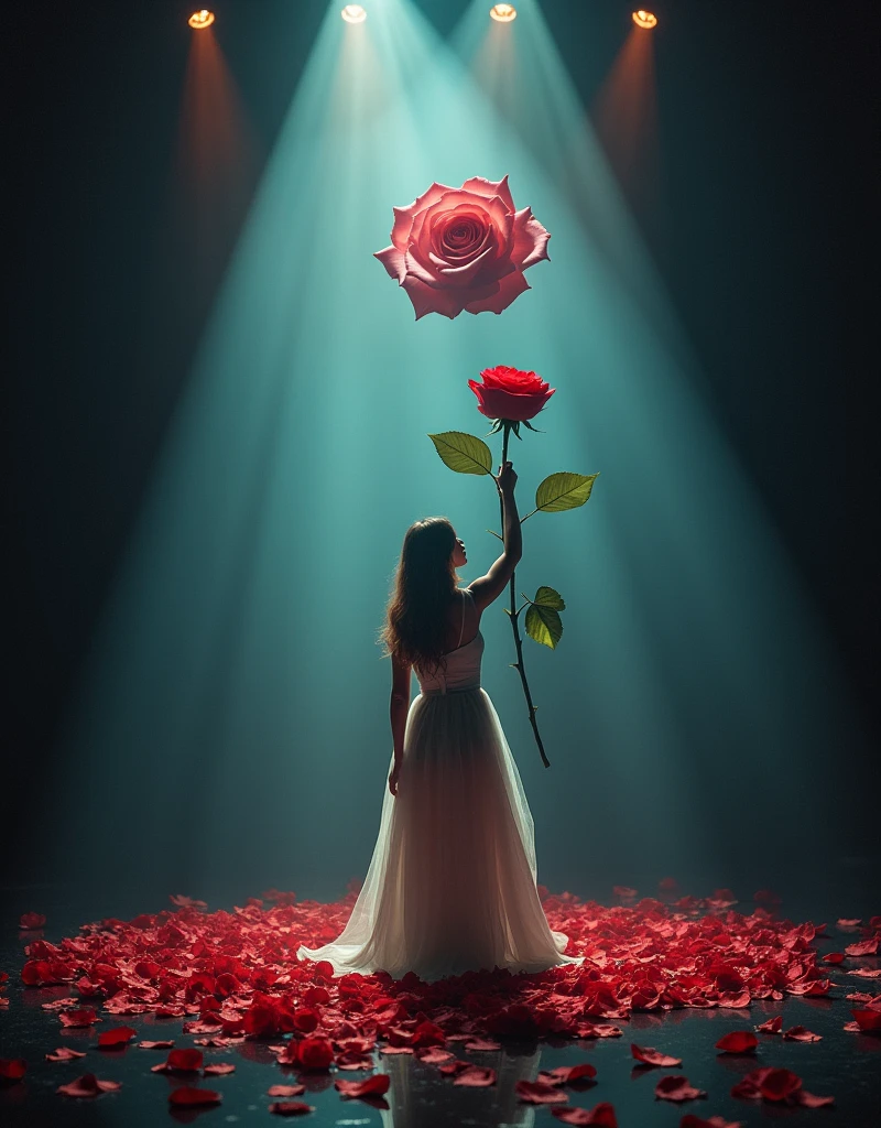 A surreal image featuring a stage, a rose, and a woman. The stage is set with dramatic lighting, highlighting the single rose in the center. The woman stands elegantly, interacting with the rose and the stage setting. The scene is filled with a theatrical and dreamlike quality, blending the elements seamlessly in an enchanting atmosphere.