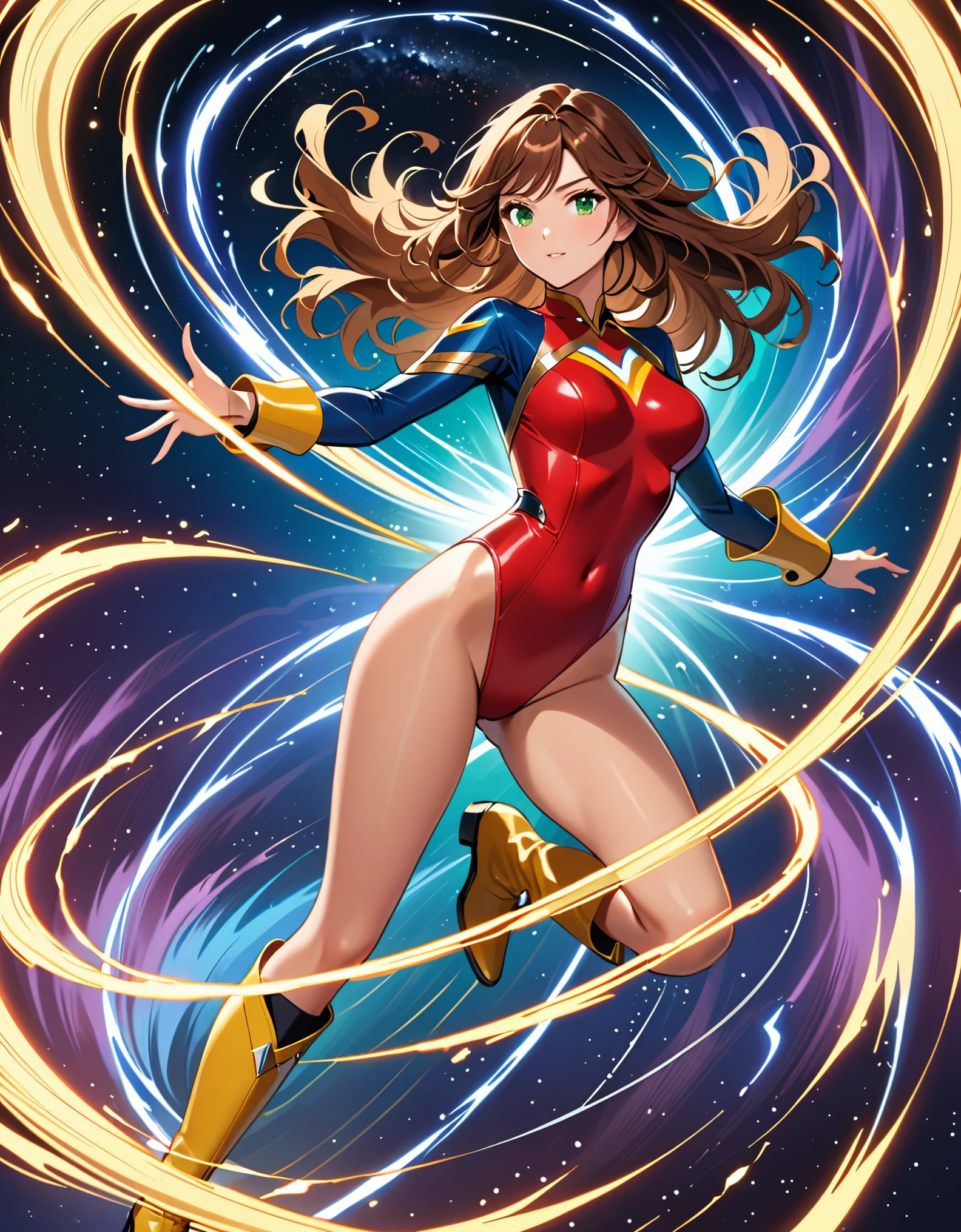 (masterpiece), (best quality), (high res), 1lady, tall body, finger proportions coordination, highly detailed, professional, beautiful detailed eyes, beautiful detailed face, perfect hands, complete fingers, perfect anatomy, perfect proportions, ((brown hair, medium hair, hair down)), ((green eyes)), ((leotard, (red leotard), matching leotard)), (bare legs), (boots, matching boots, knee-high boots, yellow boots), breasts, medium breasts, looking at viewer, solo, solo focus, cowboy shot, space backdrop, ((fastened tight belt)), (blue sleeves, yellow cuffs), ((yellow hawk /(symbol/)) on chest), full body costume design. standing straight, (fast spin, dynamic spin pose, spins fast in place like a tornado, whirls fast in place like a tornado, tornado whirling, spiral lines around her, speed lines around her, spinning energy pulse around her, storm winds around her, whirls into a tornado, (she whirls) in (super speeds)). full body costume design. curved sword slash. she super-spins, whirlwind, time travel, time warp.