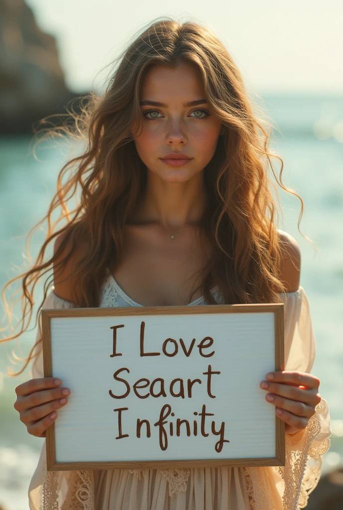 Beautiful girl with wavy long hair, bohemian dress, holding a white board with text "I Love Seaart Infinity" and showing it to the viewer