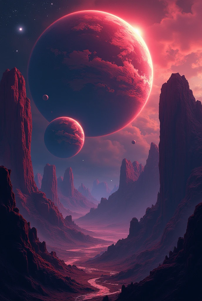 Sky planets ,images taken by observatories, color scheme: red , dark blue , purplish. Image should be vectorised , without and earthly objects 