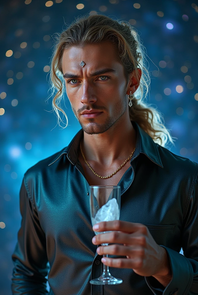 Man between 40 or 45 years old, skinny, well-built, with English descent, with blue eyes, and long yellow hair tied in a ponytail, with a diamond between the eyebrows with a shirt of iridescent silk, with a quartz in hand, and a glass of champagne, and in the background a carpet of stars