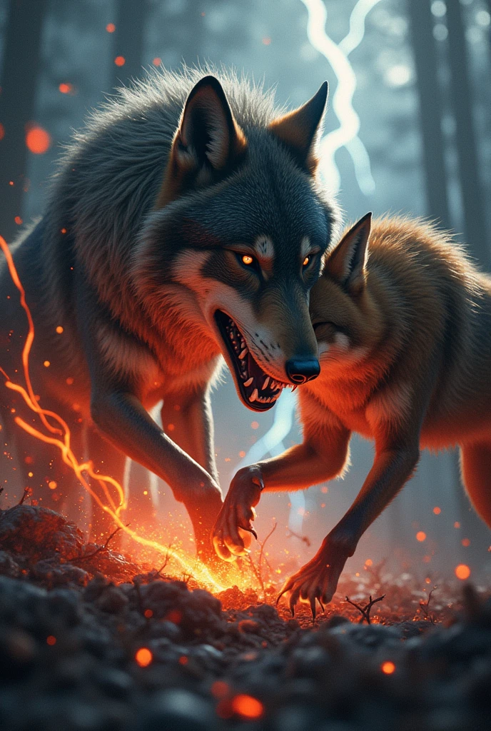 Create the image of a fierce wolf fighting with a fox with lots of blood and lightning around