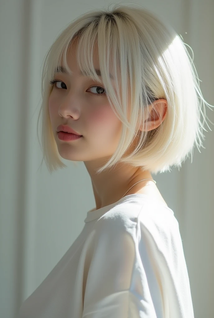 Photo seen from the side,(8k, RAW photo, best quality, masterpiece:1.2),natural lighting,small breast,(real human skin,finely detailed skin:1,4),upper body photo,((flat hair,straight shortbob hair,bleach hair,transparent bangs:1,6)),white shirt,
