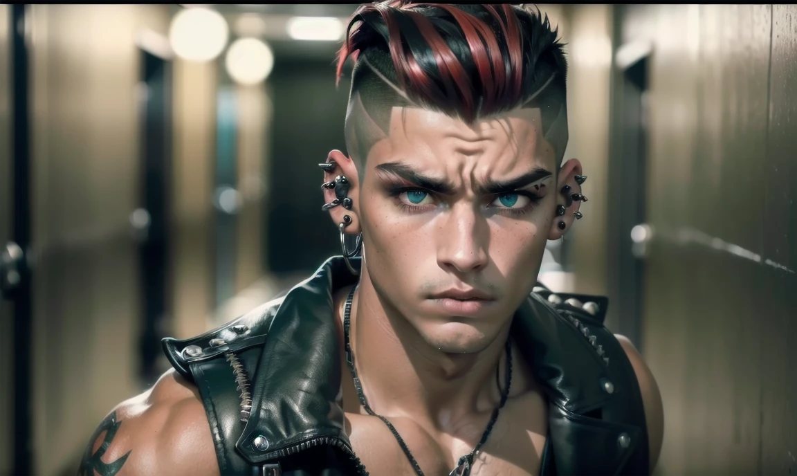 "((highly detailed, detailed eyes, detailed face, clear and realistic facial features, photorealistic, realistic light; cinematic)), (1 man), ((((school hallway background)))), (((gorgeous athletic punk tough bully male))), ((18-year-old teenage male)), ((((glaring expression)))), ((intimidating mood)), ((blue-green eyes)), ((long black hair with a undercut)), (((dressed in black and leather))), ((multiple metal ear piercings)), ((male black eye makeup)), ((red tint in hair))."