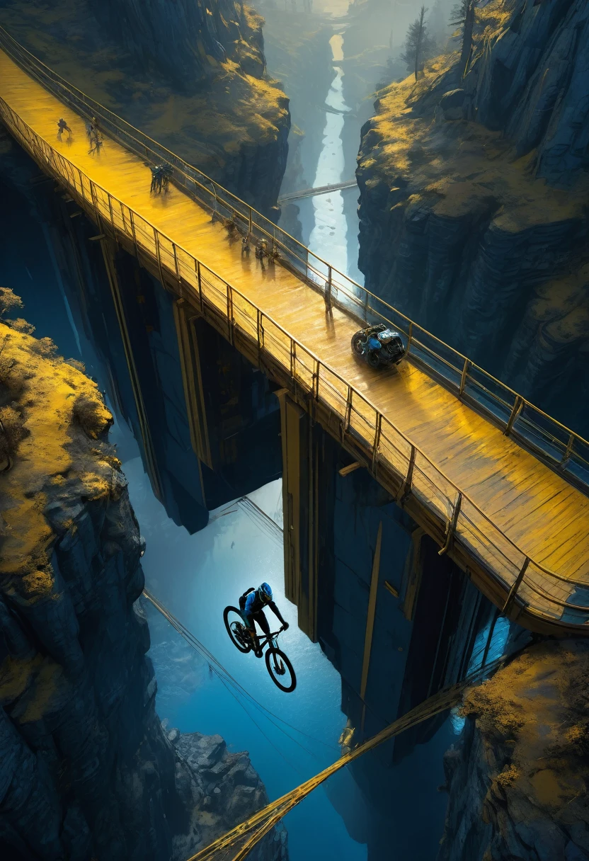 Mountain bike rider crossing an amazing routenof multiple obstacles, aerial view, high tech futuristic mysterious atmosphere, dark blue and golden yellow, 4D, 8K, surrealism photorealistic, dreamlike, big and complex composition storytelling, masterpiece, artwork by Bernie Wrightson, artwork by Jeremy Mann, Impressionism