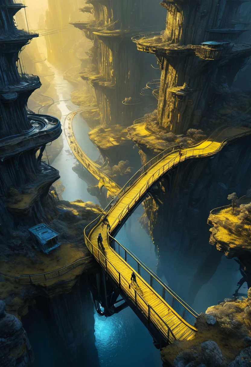 Mountain bike rider crossing an amazing routenof multiple obstacles, aerial view, high tech futuristic mysterious atmosphere, dark blue and golden yellow, 4D, 8K, surrealism photorealistic, dreamlike, big and complex composition storytelling, masterpiece, artwork by Bernie Wrightson, artwork by Jeremy Mann, Impressionism