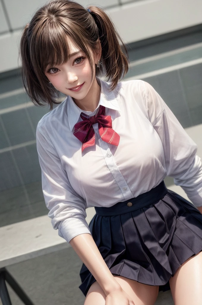 Kujikawa Def,Twin tails,school uniform,Seraph of the Black,Long sleeve,skirt,Knee socks,jewelry,Earrings,Straddle,
Highest quality, Very detailed, masterpiece, Absurd,8k, photoRealistic, Realistic,Detailed skin texture,Detailed pupil,High resolution,Natural light,
One girl,alone,(Happy:1.1),(smile:1.2),short hair,Brown Hair,(Angular face:1.2),Shining Face,Large Breasts, Tight waist, Lip Makeup,Wet shirt,Spread your legs,I can see her panties:1.5