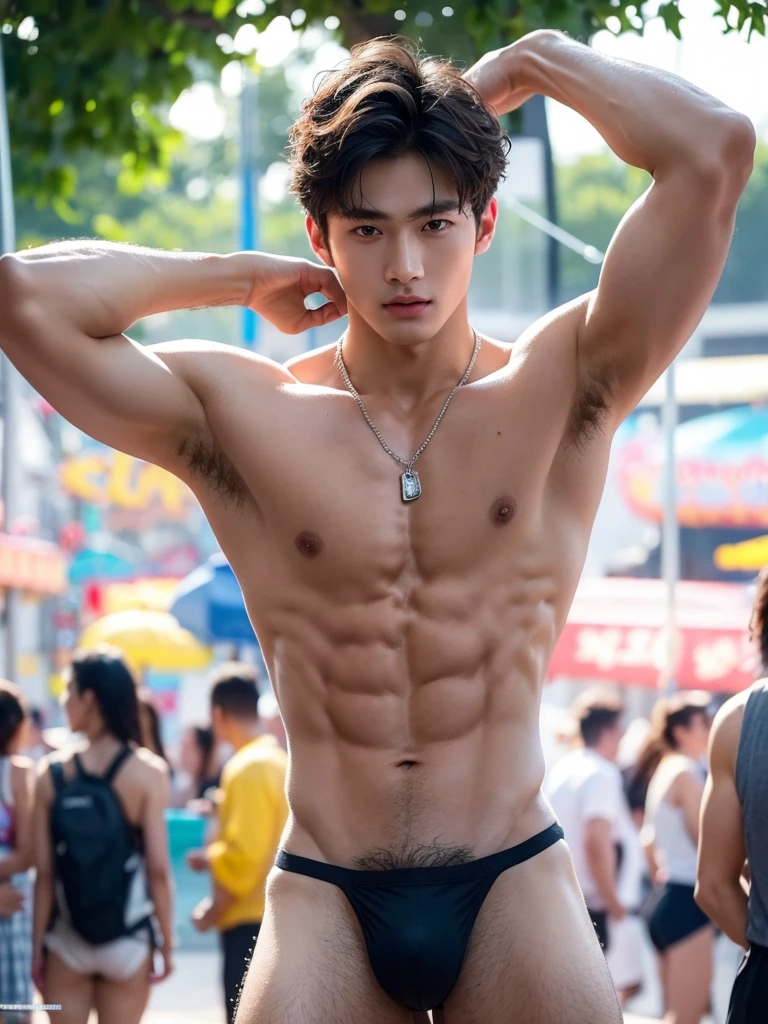 Crowded amusement park, amusement park light, crowded people, Very dirty Stain in his thong, no hair in armpits, smooth armpits, Very detailed finger, don't merge body, Very young boy, teenager boy, (photorealistic, masterpiece, best quality), white pale skin, muscular man, hunk, charming, attractive, wearing necklace in his neck, completely naked , Realistic, fully naked, nude, perfect , male , modeling for a photoshoot, editorial style, handsome man, detailed face, Very crowded classroom, Topless, shirtless, s old boy, very young boy, Cinematic soft lighting illuminates a stunningly detailed and ultra-realistic handsome korean male supermodel, ultra messy curly hair, clear honey eyes, captivating perfect smile, sensual, hot man, insanely handsome, showing off his sweaty body, very sixpack muscular body build, slender, toned, full body, 8k, photography, masterpiece, detailed face, detailed eyes, detailed hands, in the crowded festival showing off his very bushy hairy armpits, only wearing very thin micro thong with big hard bulge, very wet body, very sweaty body, amusement park background, amusement park scenery, wearing thin thong