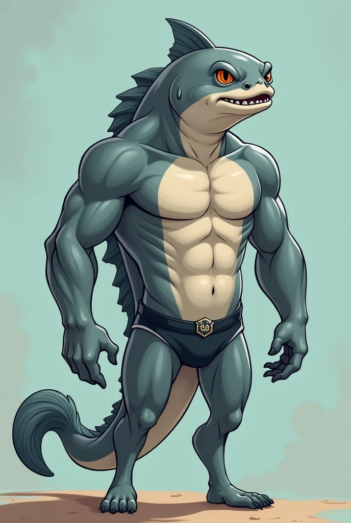 A muscular humanoid catfish grey wearing a speedo, cartoon style