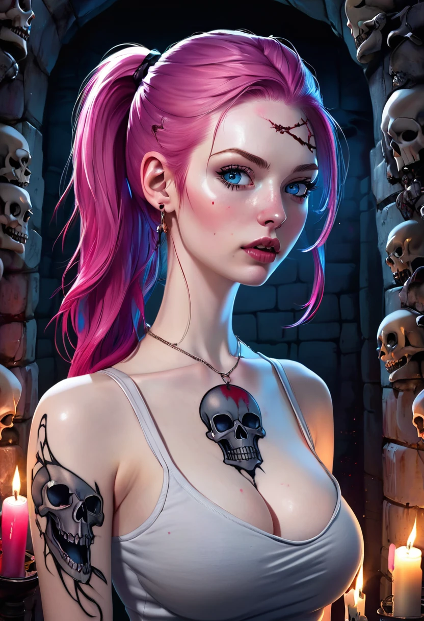 skini girl, grey t-shirt , (((((pale skin)))))), blue eyes, white girl, deep pink hair, ultra realistic, ,large breast, (((huge breast))), ponytail hair,dark tunnel full of skulls with little light background, candle lights, blood in face, scarry face, gore,((tattoo skull breast))