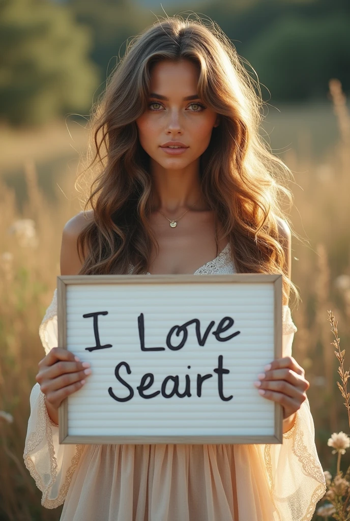 Beautiful girl with wavy long hair, bohemian dress, holding a white board with text "I Love Seaart Infinity" and showing it to the viewer