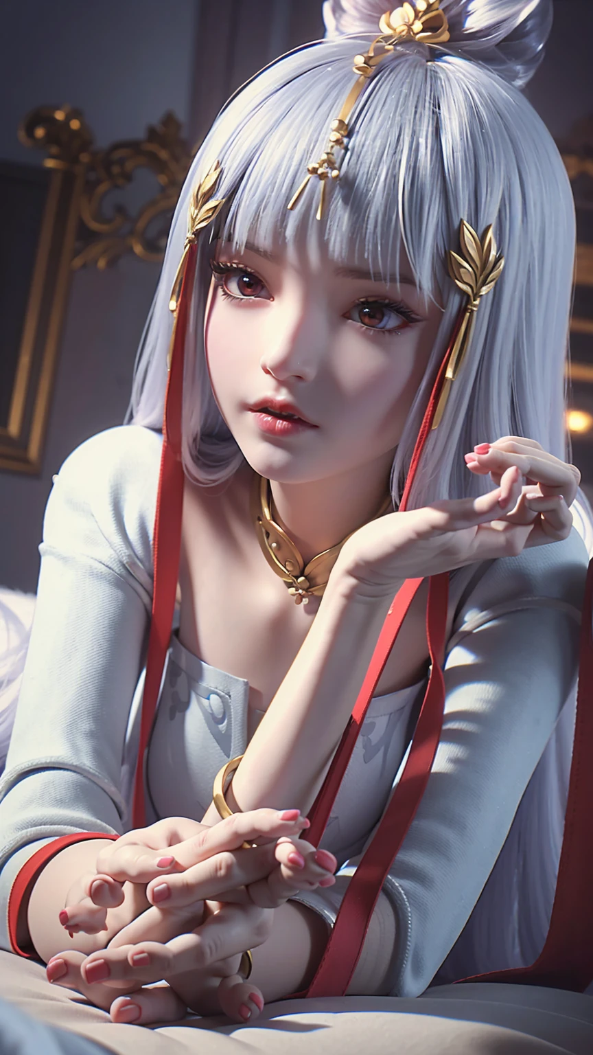 beautiful young woman laying on bed in pajamas, barefoot, full body shot, detailed eyes, detailed lips, extremely detailed face and eyes, long eyelashes, natural lighting, warm tones, soft focus, chiaroscuro, depth of field