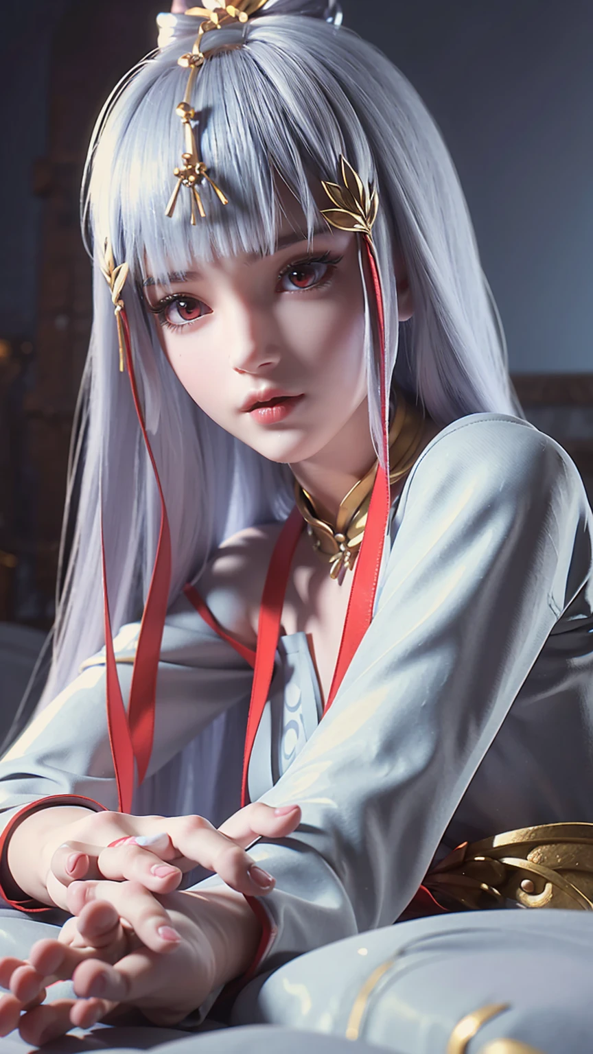 beautiful young woman laying on bed in pajamas, barefoot, full body shot, detailed eyes, detailed lips, extremely detailed face and eyes, long eyelashes, natural lighting, warm tones, soft focus, chiaroscuro, depth of field