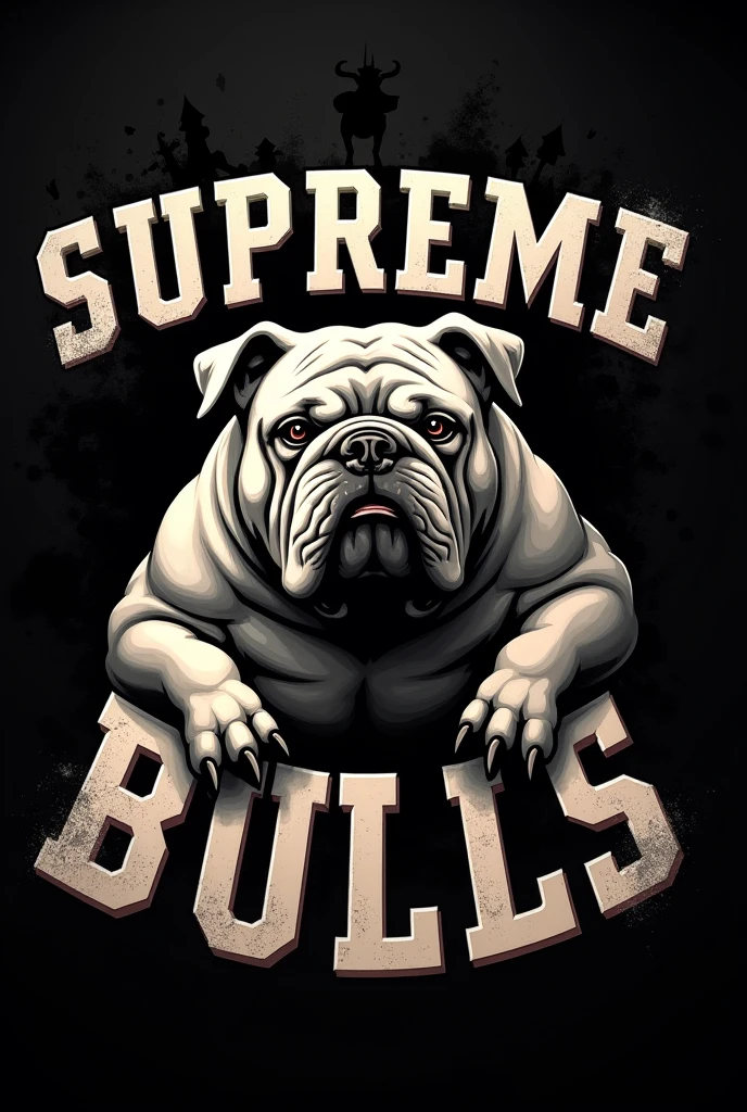 Create a tough and eye-catching cover with the words Supreme Bulls AQP with an image of a tough, muscular, chubby English Bulldog and a black background of a bull