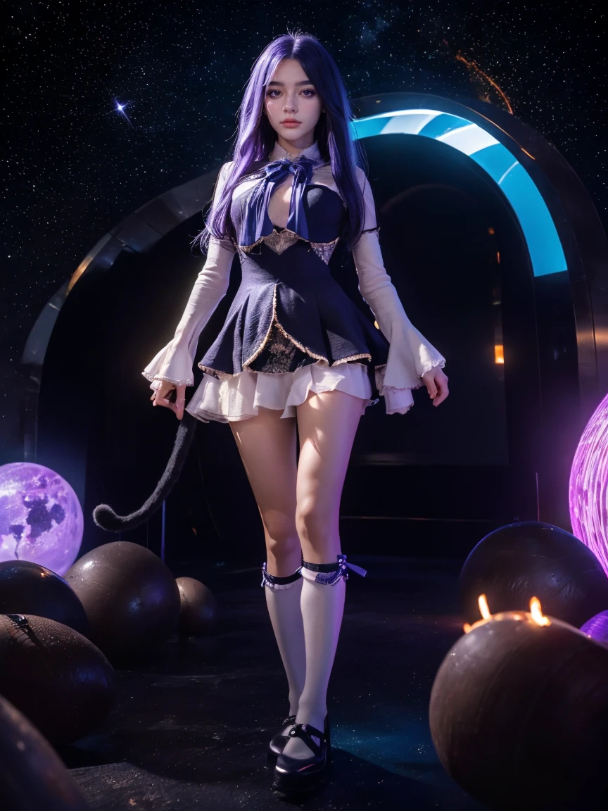 (1 lady), (Best quality at best:1.4), (ultra - detailed), (extremely detailed CG unified 16k), A Beautiful Woman with Perfect Figure: 1.4, Sharp Focus: 1.2, purple hair, very detailed, High-definition RAW color photo, professional photoshooting, amazing face and eyes, cosmetics, (amazingly beautiful girl), ((frederica bernkastel)), NOT Dasha Taran, ((exact clothes: dress, bowtie, mary janes, socks, cat tail, tail bow, tail ornament)), levitating in a cute posture, (floating in space), (She's levitating in a cosmic sea, outer space:1.3, quantum hyperspace room lacking walls, hyperspace chamber, extremely detailed background, a lot of details background, realistic background), (look from down), realistic cinematic face, head to feet long wide zoomed out view, full body long view, photorealistic, ((realistic natural purple hair style, purple eyes)), gorgeous, extremely beautiful face, perfect model beauty, pout mouth, Highly Detailed Face and Skin Texture, Detailed Eyes, Double Eyelids, Big Breasts, Expressionless, (masterpiece), best quality, high resolution, extremely detailed, cinematic lighting, amazing legs, high heels, clear and well-cared skin, pale skin