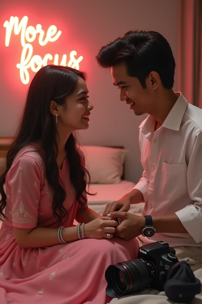 realistic 16 year old beautiful Indonesian girl wearing pink lehenga sitting in front of mirror in bedroom, a handsome 18 year old young man who was actually standing and putting a silver anklet around the boy&#39;s foot, the boy is wearing a white shirt, both smile at And styled hair, the watch on the boy&#39;s hand, and the background displays  "More focus"  in big, neon letters on the wall behind Original Pictures, Girt head strapped to DSLRimace 4K