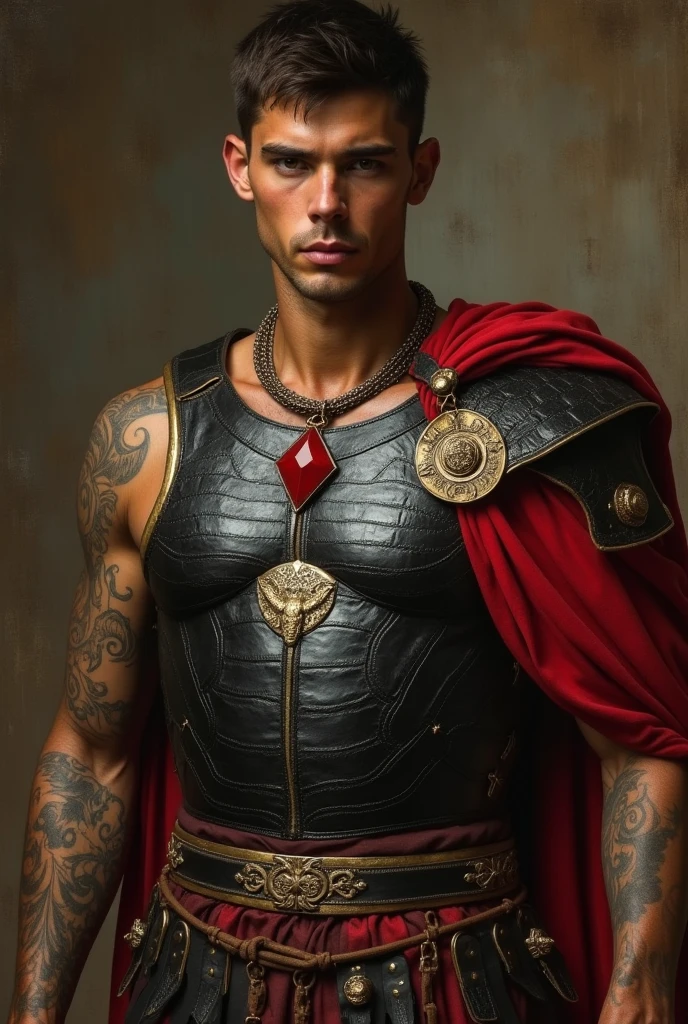 {{Masterpiece, best quality, oil painting, by Franz von Stuck, by James Tissot, by Moebius, male focus, muted colors}}, the composition is: ((((((very dramatic half body portrait of a handsome 30 year old ancient Roman guard, brown skin, tan, confident, magnificent, tattooed, brown hair. His face is tattooed, he has snake-like eyes)))))). (((((He is wearing a silken, black and red ancient ronin armor with praetorian inspired elements made of alligator leather, he is wearing a red diamond shape pendant))))).
