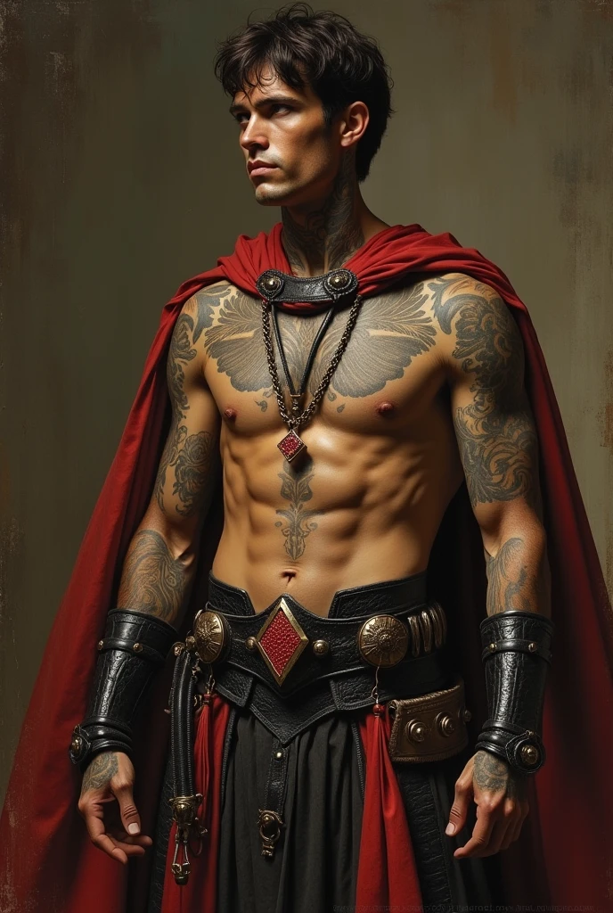 {{Masterpiece, best quality, oil painting, by Franz von Stuck, by James Tissot, by Moebius, male focus, muted colors}}, the composition is: ((((((very dramatic half body portrait of a handsome 30 year old ancient Roman guard, brown skin, tan, confident, magnificent, tattooed, brown hair. His face is tattooed, he has snake-like eyes)))))). (((((He is wearing a silken, black and red ancient ronin armor with praetorian inspired elements made of alligator leather, he is wearing a red diamond shape pendant))))).