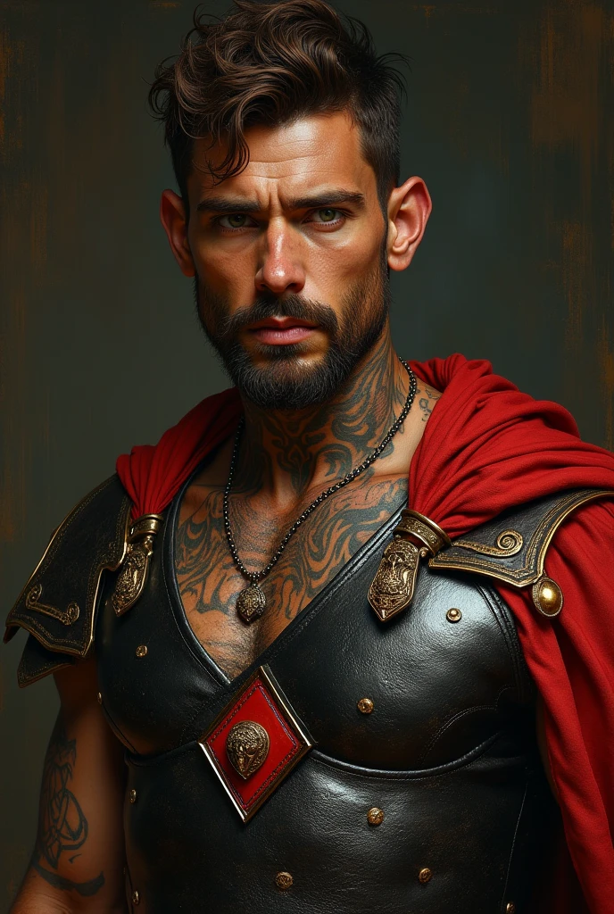 {{Masterpiece, best quality, oil painting, by Franz von Stuck, by James Tissot, by Moebius, male focus, muted colors}}, the composition is: ((((((very dramatic half body portrait of a handsome 30 year old ancient Roman guard, brown skin, tan, confident, magnificent, tattooed, brown hair. His face is tattooed, he has snake-like eyes)))))). (((((He is wearing a silken, black and red ancient ronin armor with praetorian inspired elements made of alligator leather, he is wearing a red diamond shape pendant))))).
