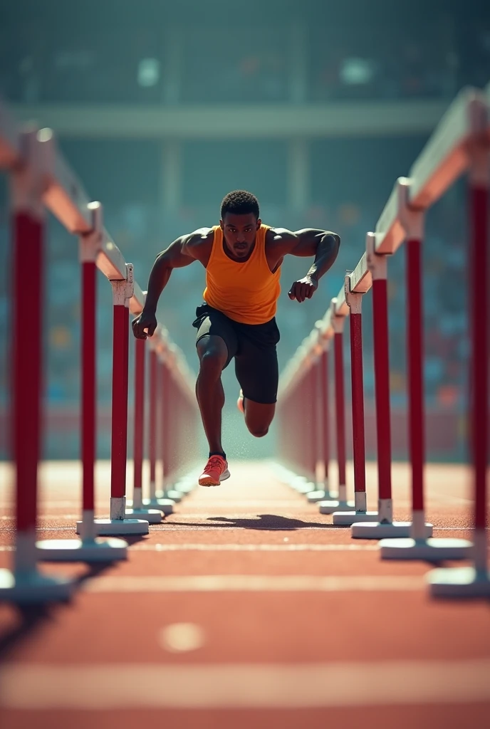 The artistic photo captures the Olympic 110m hurdles event from a low angle, placing the viewer on the track looking up at the sprinters through the hurdles. The hurdles act as a framing device, guiding the viewer's gaze toward the athlete in sharp focus, while the other hurdles recede into a beautiful blur, enhancing the depth of field. The lighting is dramatic, casting strong shadows and highlighting the athlete's determined expression and muscular form, accentuating the intensity of the moment. The background fades into an ethereal haze, further isolating the athlete and imbuing the scene with a sense of anticipation and motion, making the image both impactful and evocative.