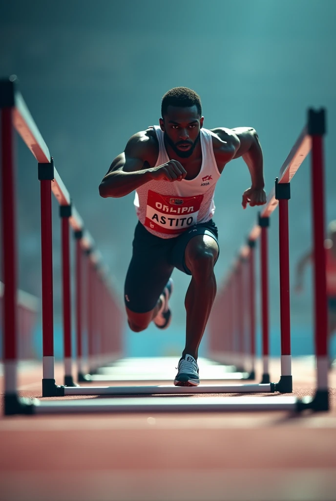 The artistic photo captures the Olympic 110m hurdles event from a low angle, placing the viewer on the track looking up at the sprinters through the hurdles. The hurdles act as a framing device, guiding the viewer's gaze toward the athlete in sharp focus, while the other hurdles recede into a beautiful blur, enhancing the depth of field. The lighting is dramatic, casting strong shadows and highlighting the athlete's determined expression and muscular form, accentuating the intensity of the moment. The background fades into an ethereal haze, further isolating the athlete and imbuing the scene with a sense of anticipation and motion, making the image both impactful and evocative.