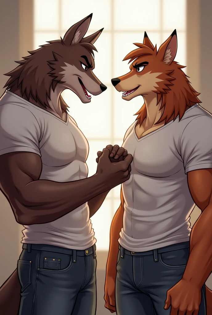 Two muscular furries in short shirts talking about muscular big bices and delicious big chests in short shirts two muscular men both furries like professional athletes in short shirts
