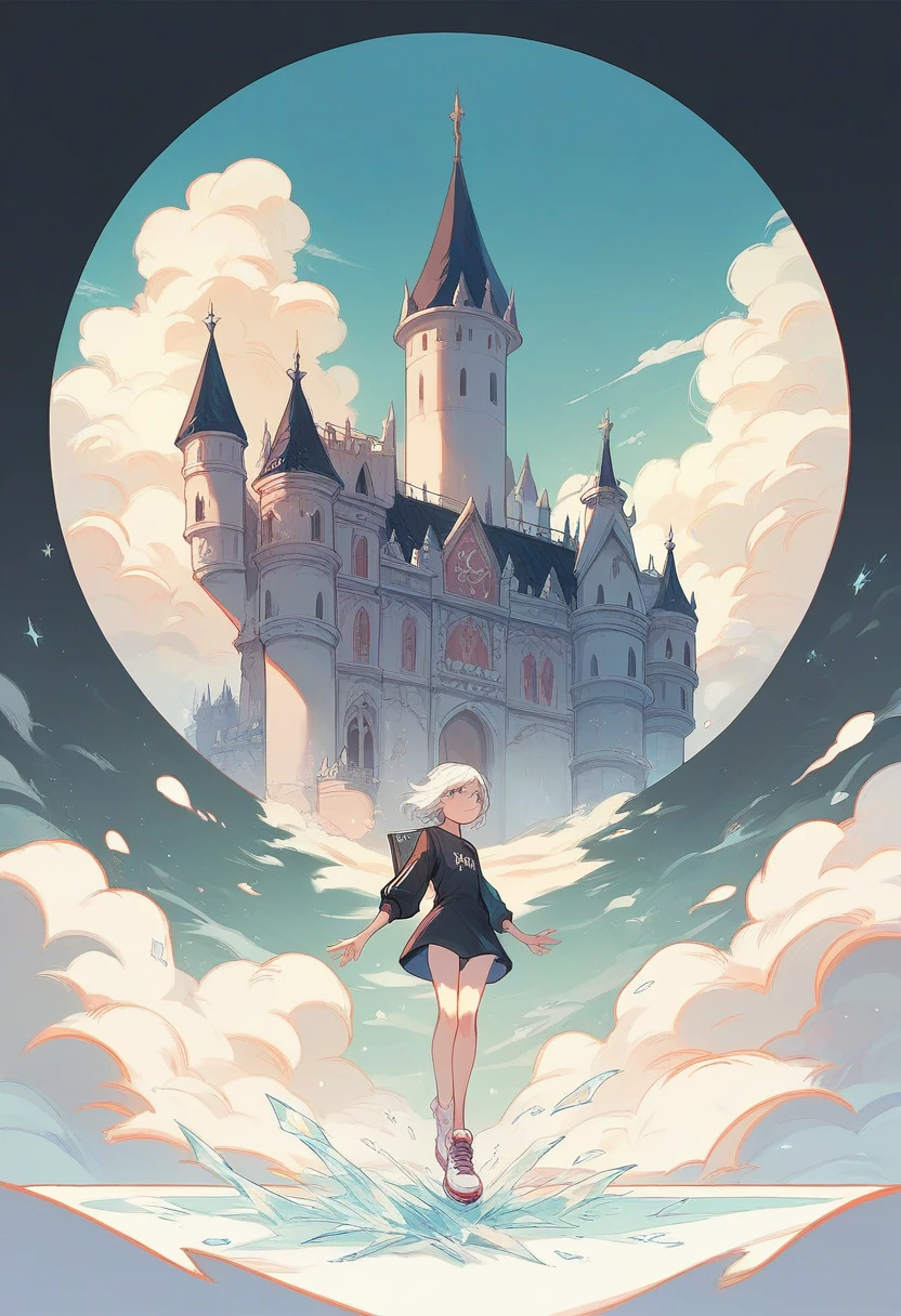 Book cover featuring an ice skater with shoulder-length white hair and a short white and silver dress. A princess with long black hair and a short black dress. A background with almost transparent clouds and a castle behind with an ice rink below the castle