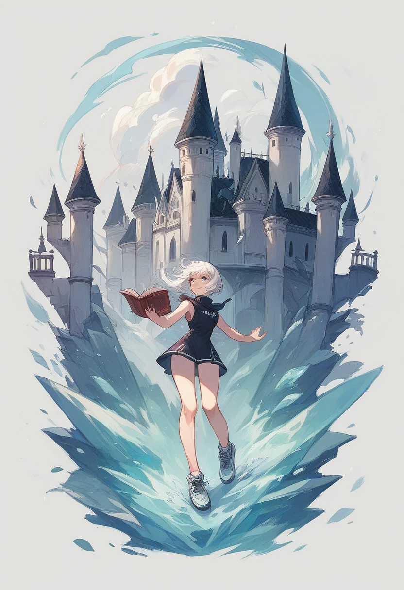 Book cover featuring an ice skater with shoulder-length white hair and a short white and silver dress. A princess with long black hair and a short black dress. A background with almost transparent clouds and a castle behind with an ice rink below the castle