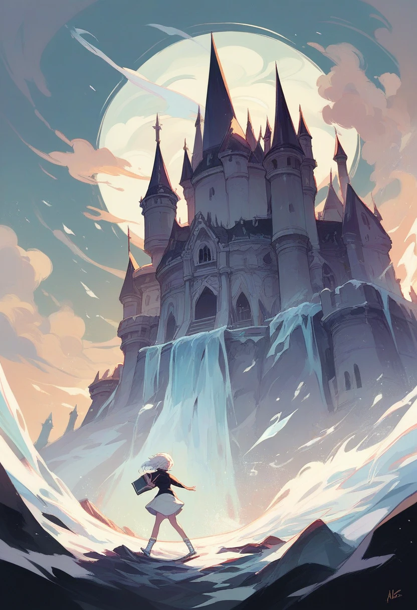 Book cover featuring an ice skater with shoulder-length white hair and a short white and silver dress. A princess with long black hair and a short black dress. A background with almost transparent clouds and a castle behind with an ice rink below the castle