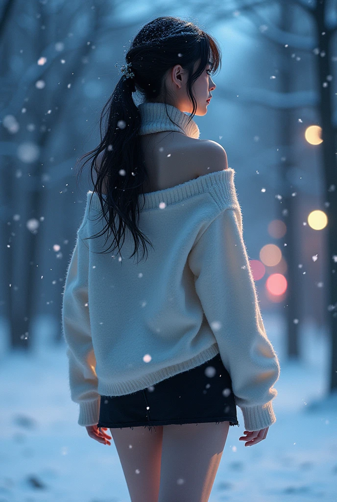 ((from below)), ((looking back)), ((full body)), (((off shoulder clothes))), Beautiful asian model, Sexy goddess, cabelos preto e longos, Beautiful hair accessories, sexy legs, slender leg, cold light, the night, starrysky, at winter season, snowing, snowfield, (whitesweater, scarf, black short skirt), (white colors, black in color), Detailed scenes, Beautiful digital illustration, the detail,Hyper-detailed, (best qualtiy,tmasterpiece)