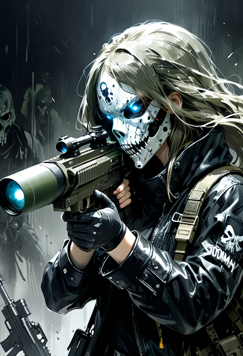 in style of Ashley Wood，1girl,Character Design and Doomsday,Details,glowing steelblue eyes,detailsTextured Skin,Night vision devices，Black leather coat，Death Mask，Holding a gun，aim action，(aim：1.2),Modified firearms，Modify heavy firearms